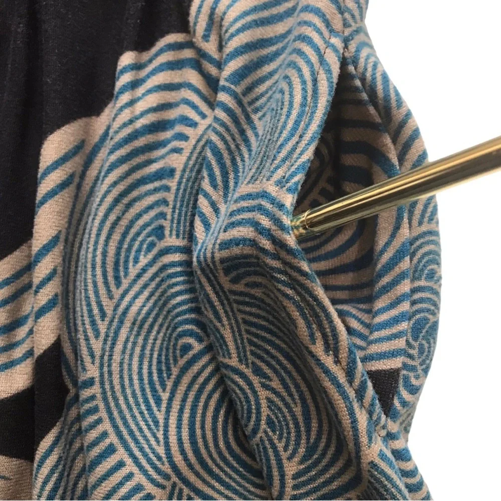 REBORN Boho Swirls Dress Pockets Size L Black Blue Art Deco 3/4 Sleeves Comfy